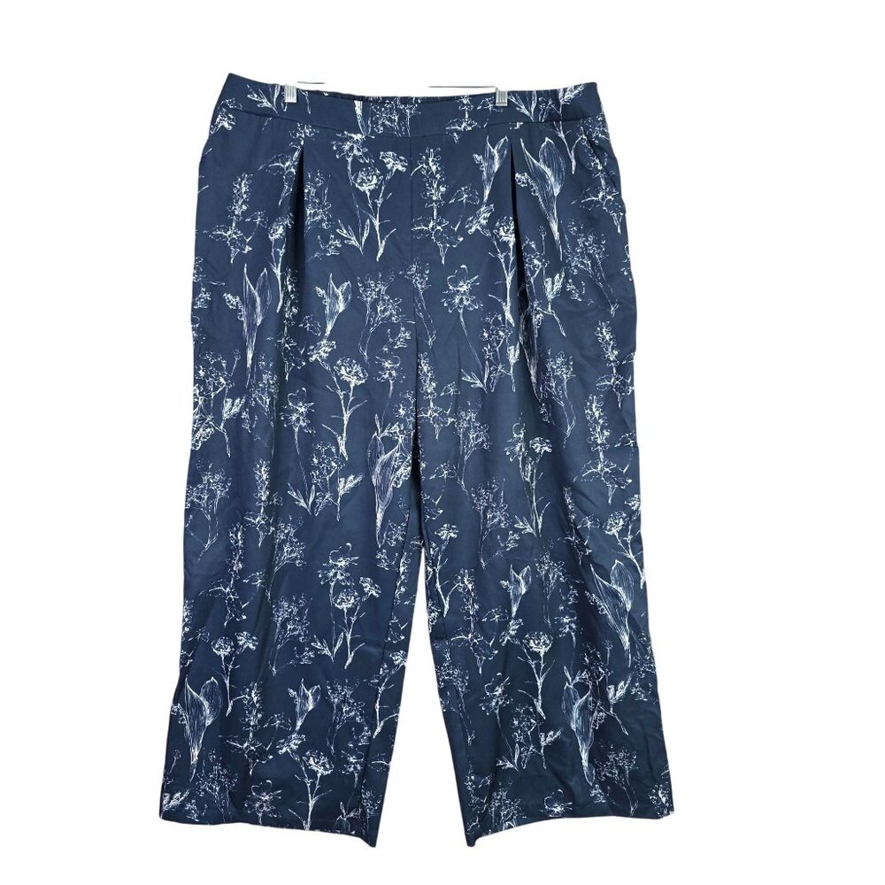 Womens Cider Navy Blue Botanical Print Wide Leg Cropped Pants Polyester Size 3XL